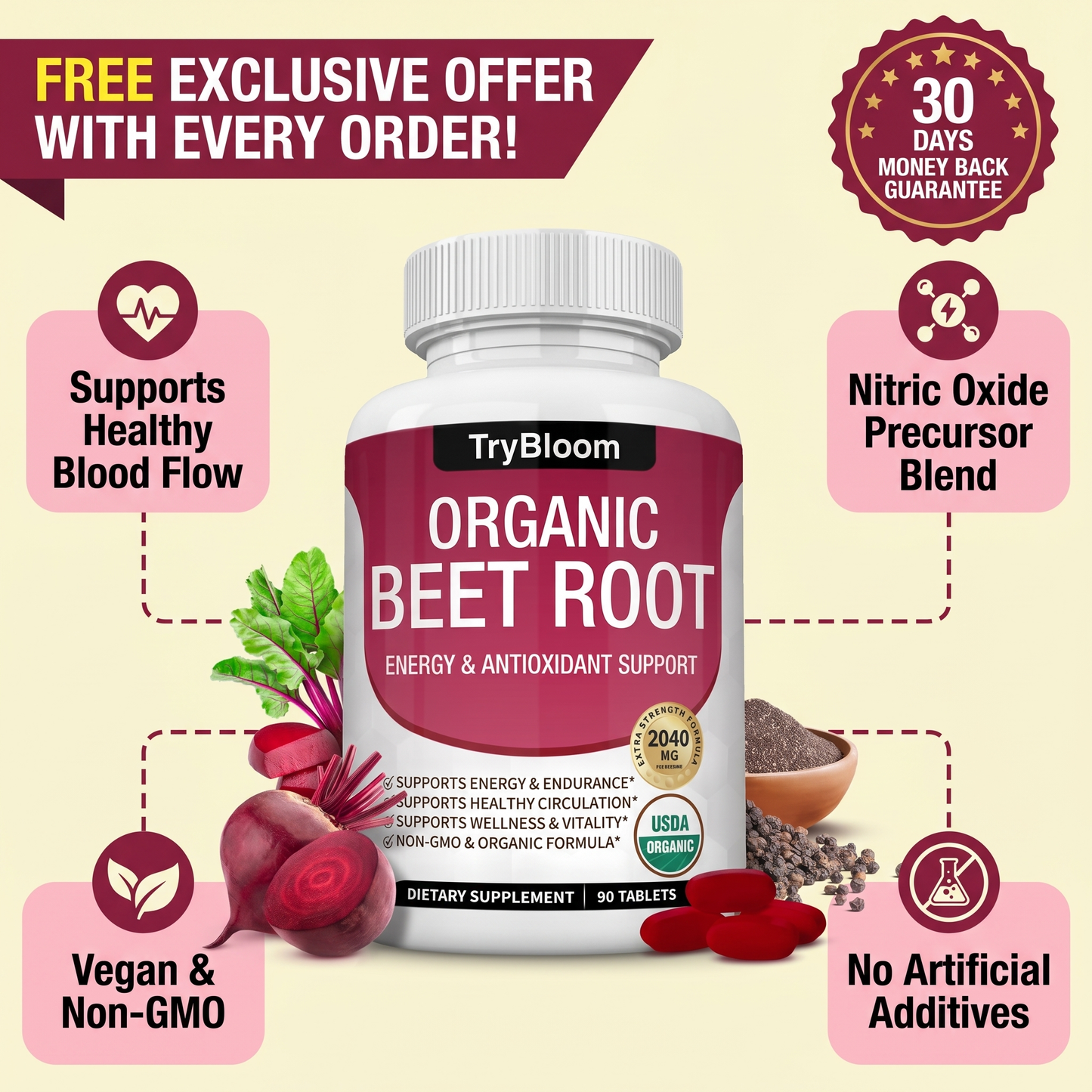 TryBloom Organic Beet Root Powder Tablets